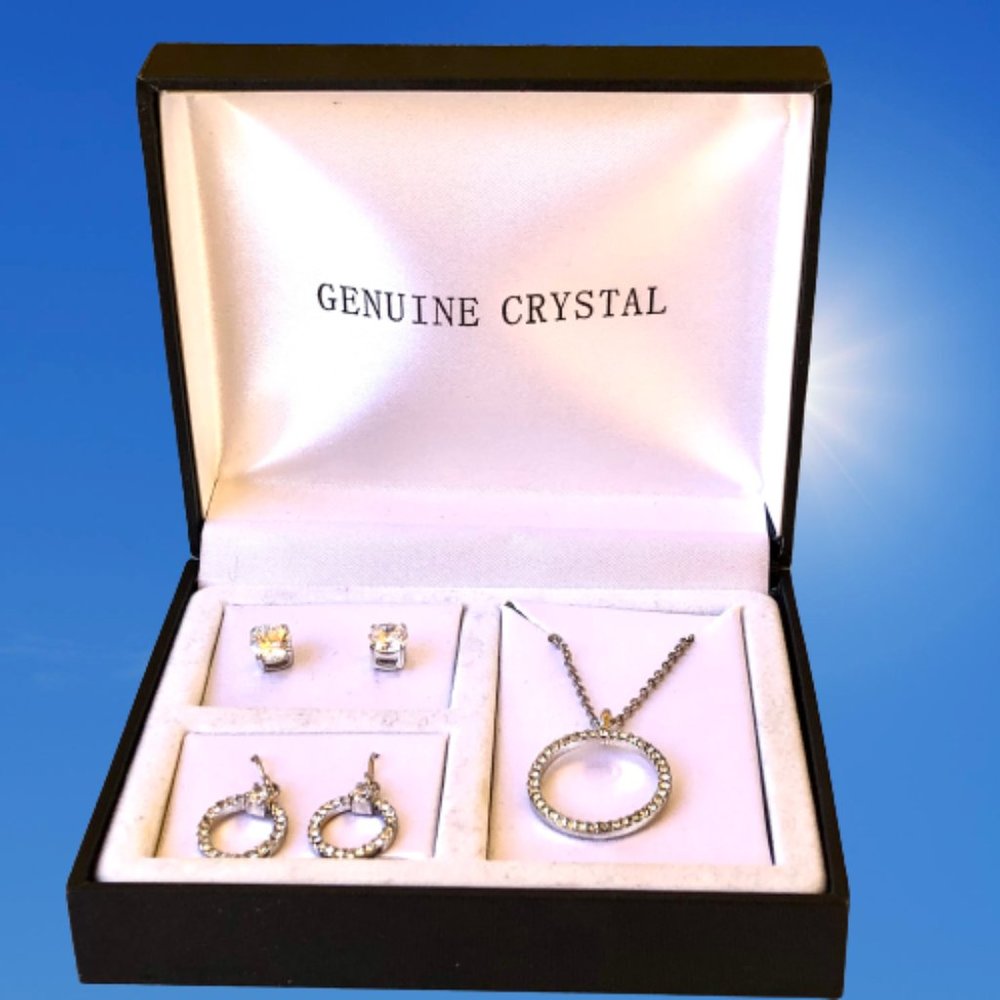 Genuine Crystal Necklace and Pendant + 2 Pair of Earrings SET Stud & French Wire